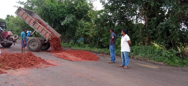 రోడ్డుపై గుంతలు పూడ్చిన పోలీసులు